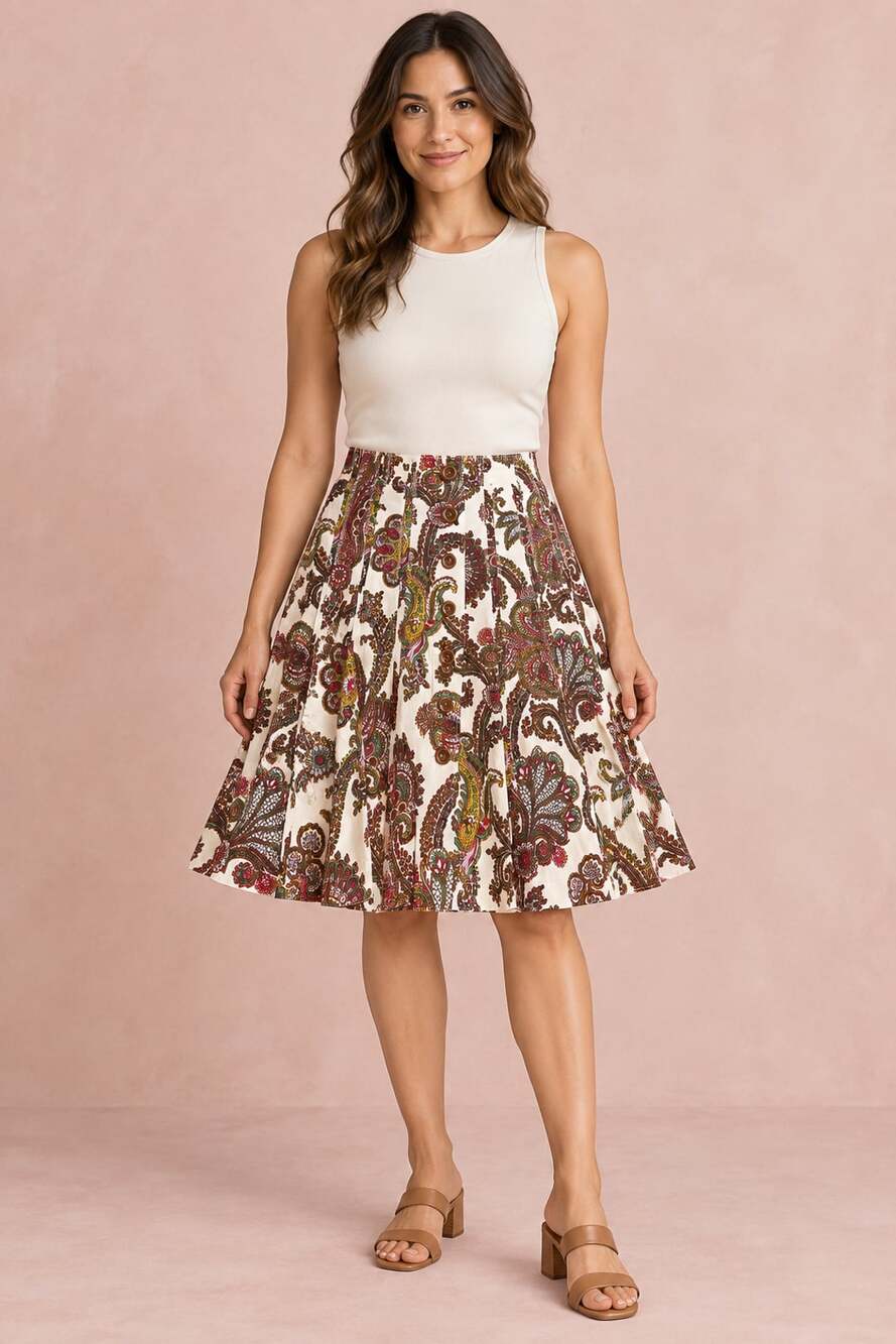 Cabi Paisley Fit Flare Skirt Size 8 Button Front